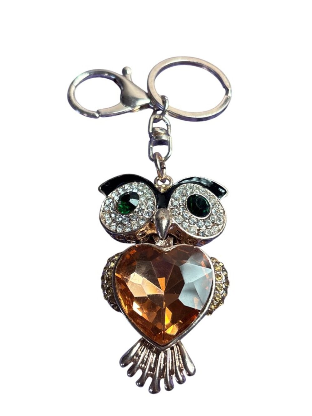 Rhinestone Owl Keychain Bag Clip Charm Goldtone Black Enamel Green Eyes 2.75 in